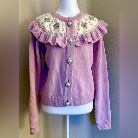 Hill House Sweaters - Hill House Home Desk Cardigan Sweater Wool Sz Small Pink Floral Pearly Buttons